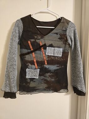Women's Brown & Gray Mixed-Media Long Sleeve Top, Size Small